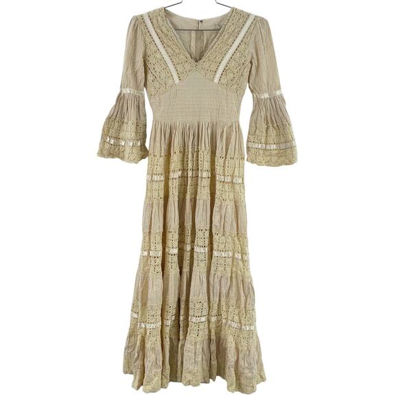 Vintage Cream Cotton Lace Boho Maxi Mexican Wedding Dress Women’s XXS Preowned - Picture 1 of 6